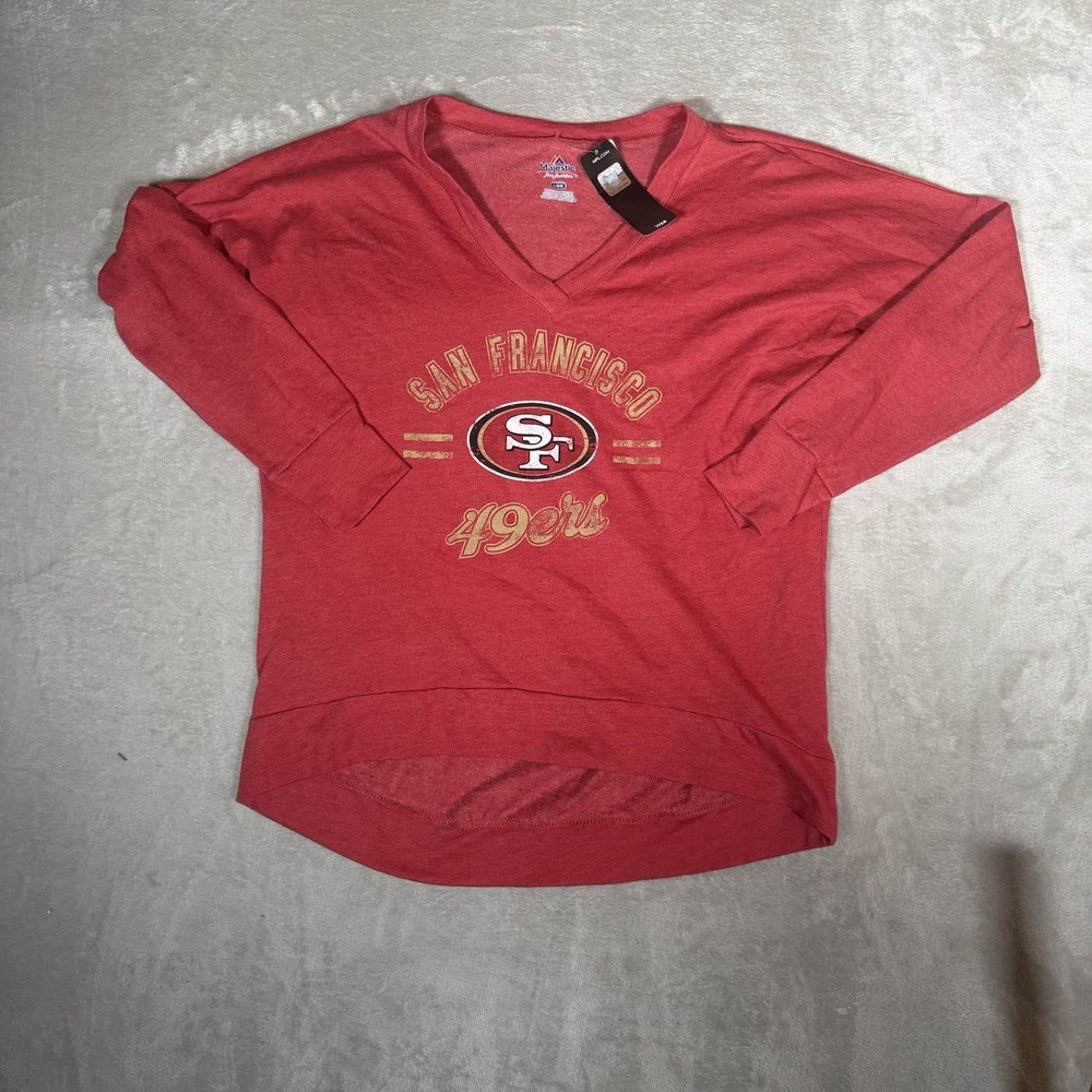 San Francisco 49ers Majestic Womens Large Red V Neck Long Sleeve NFL Shirt NWT